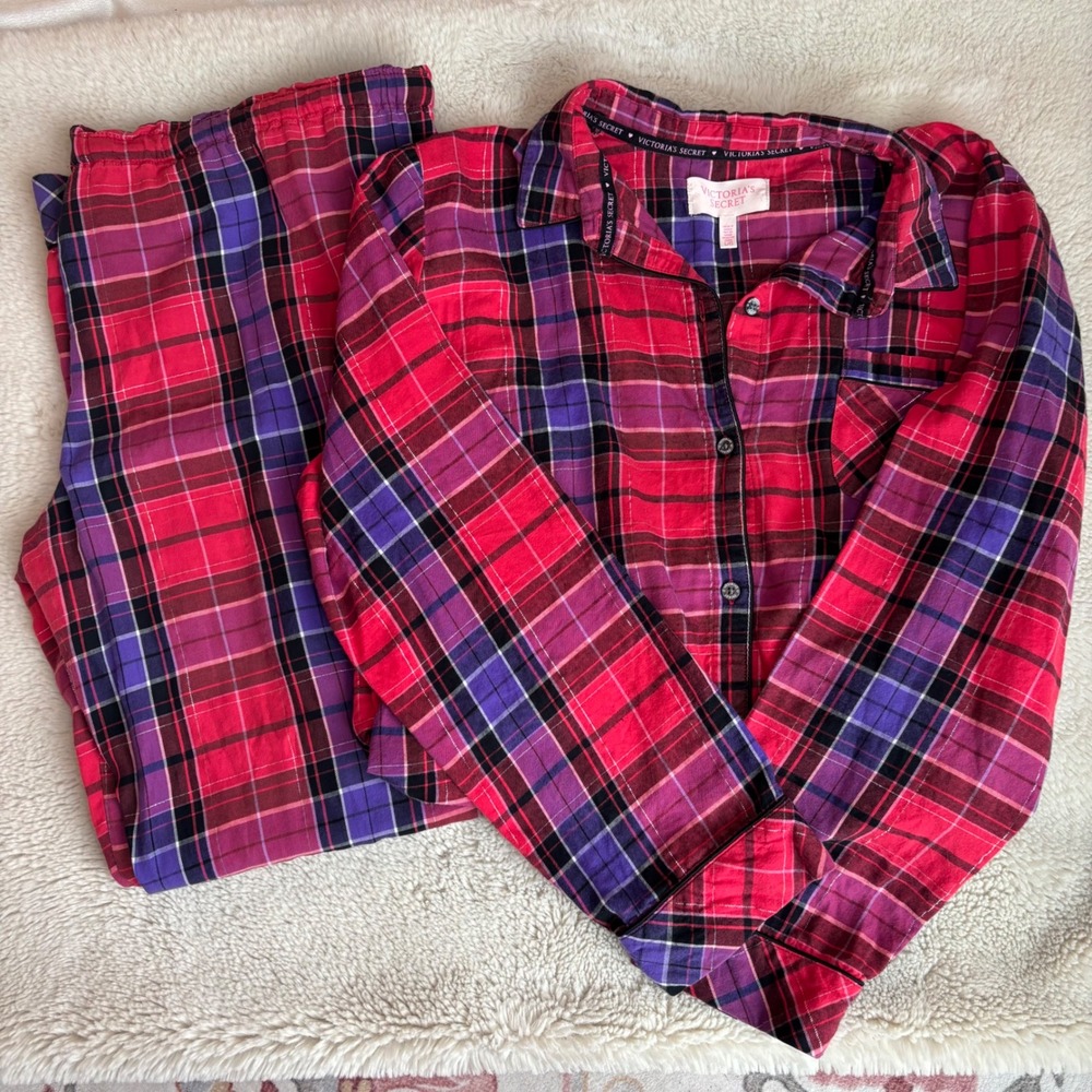 Victoria's Secret Flannel Pajama Set Red Purple Plaid Lurex‎ Metallic Womens LG